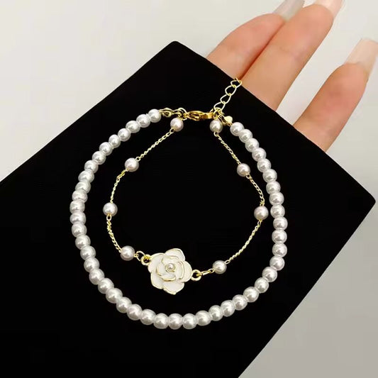 Vintage White Camellia Flower Bracelets For Women Elegant Double Layer Simulated Pearl Beads Chain Bracelet Jewelry 2025 Trend